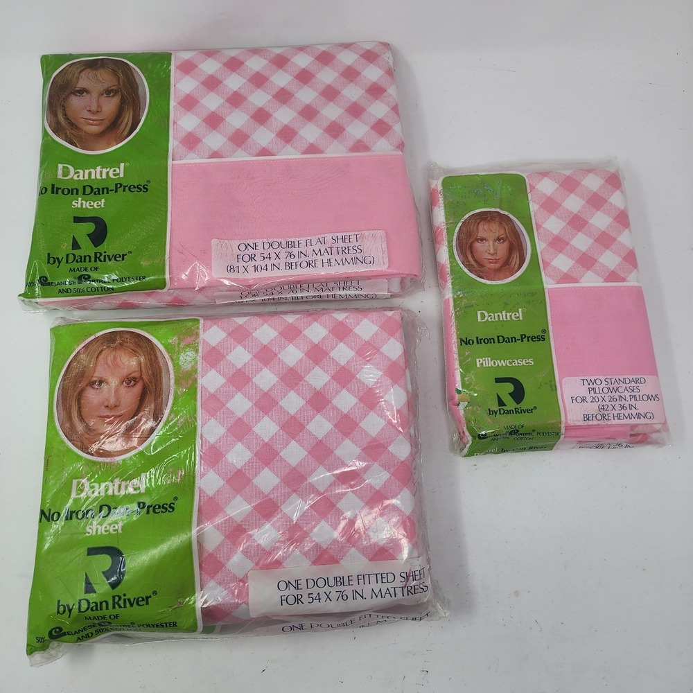 Vtg Dantrel Dan River Double Sheet Set Pink White Check Flat Fitted 2 Pillow NOS